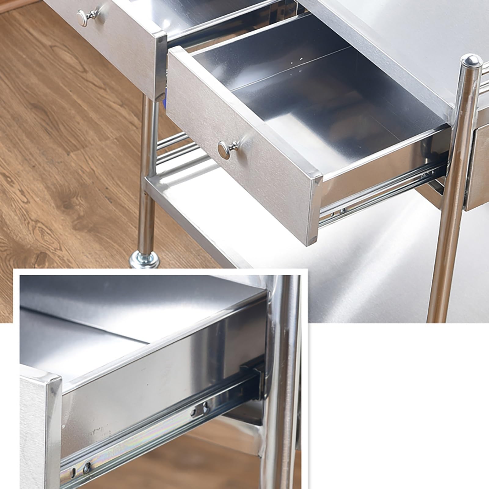 Carro médico de acero inoxidable de 2 niveles, carro rodante de laboratorio con 2 estantes y 1 cajón, mesa de trabajo de acero inoxidable con ruedas, para restaurante, almacén, hogar, cocina, garaje y