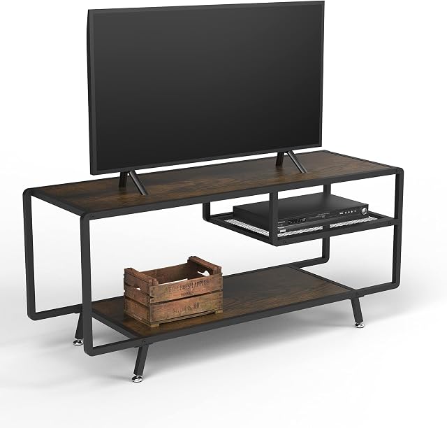 ANYHI TV Stand for TV up to 55 Inches, 47" TV Cabinet Table with 3-Tier Entertainment Center, TV Console wtih Metal Frame and Open Storage Shelves for Living Room and Bedroom Rustic Brown