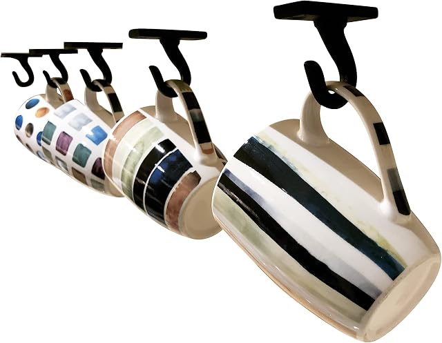 Under Cabinet Mug Holder, Cup Hooks with Fixings x5, Raw Black Metal Kitchen Utensil Storage Solutions Pots and Pans Tea Coffee Cups, Under Cabinet Hook