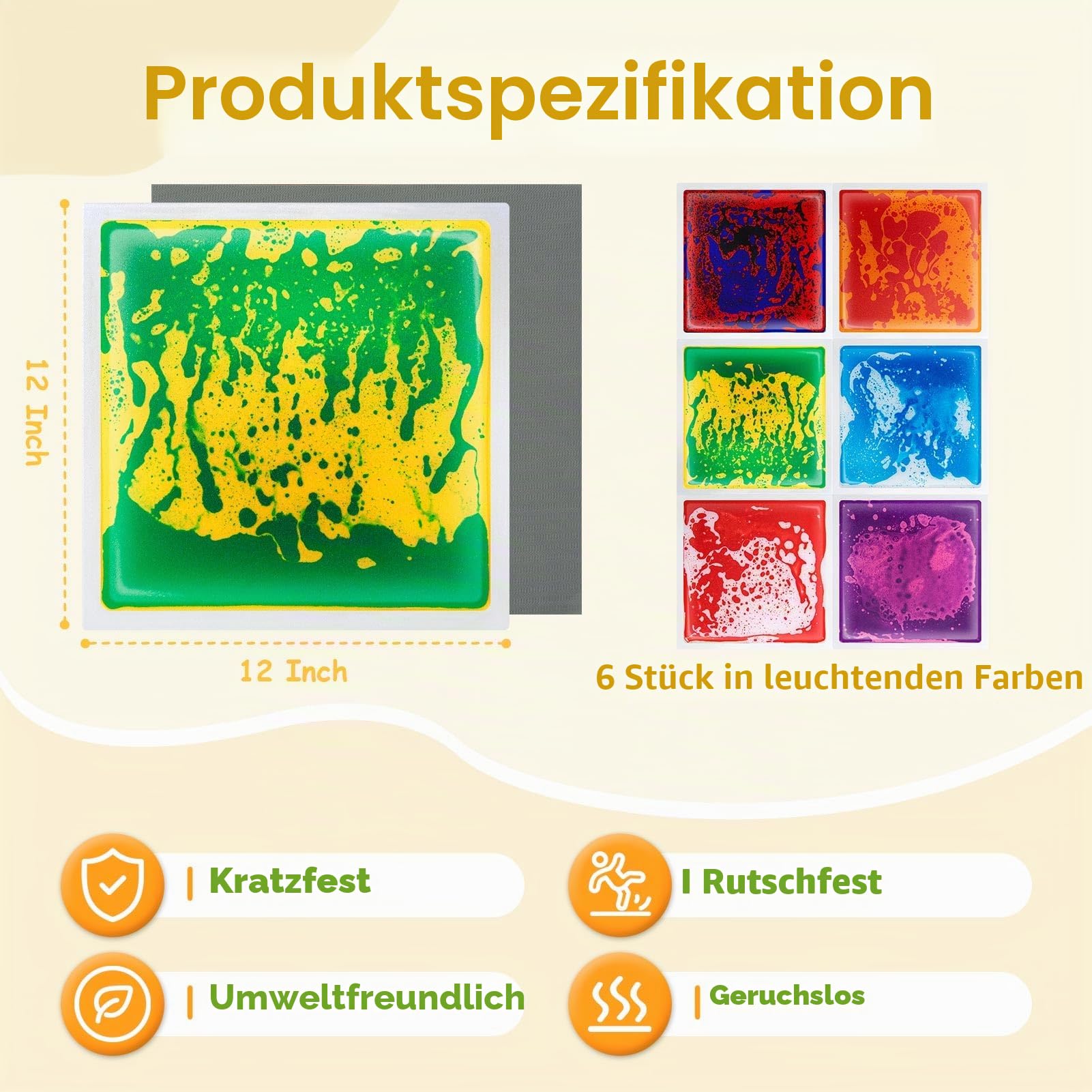 Art3d Flüssige Sensorische Bodenfliesen 30 x 30 cm Spielzimmer Tanzfläche Quadratisch Bunt 6 Fliesen