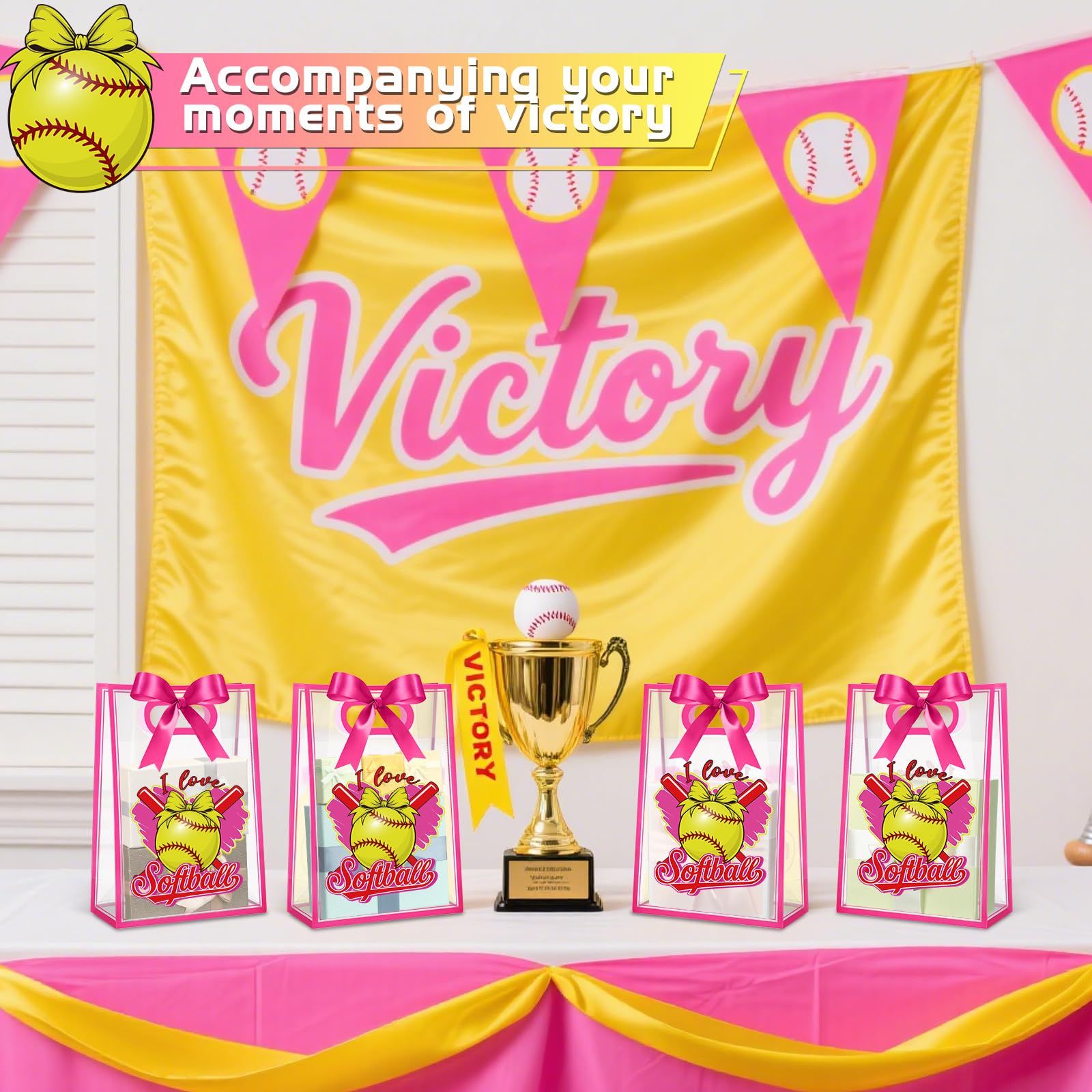 Aliceset 12 Pcs Softball Clear Goodie Bag with Die Cut Handles and Ribbons Sport Theme Party Favor Bags for Softball Team Snack Wrapping Teamer Gifts Birthday Party Treats Supplies, 7x10x3.15 Inch
