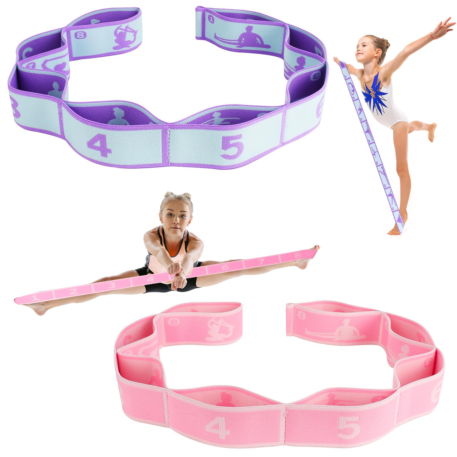 Zuimei 2Pcs Stretching Bands Gymnastics Stretch Band Yoga Straps with 8 Adjustable Loops for Stretching, Leg Stretcher Strap Yoga Pull Strap Flexstrap for Pilates, Dance, Gymnastics, Pink, Purple