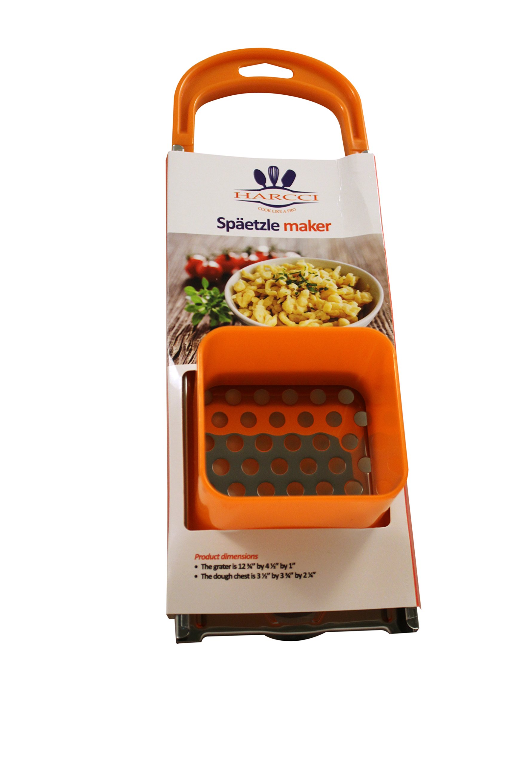 Spaetzle Maker By HARCCI : Homemade German Noodle Dumpling Making Tool With Safety Pusher And A Comfortable Handle – Stainless Steel And Food Grade Plastic In 5 Fun Colors (Orange)