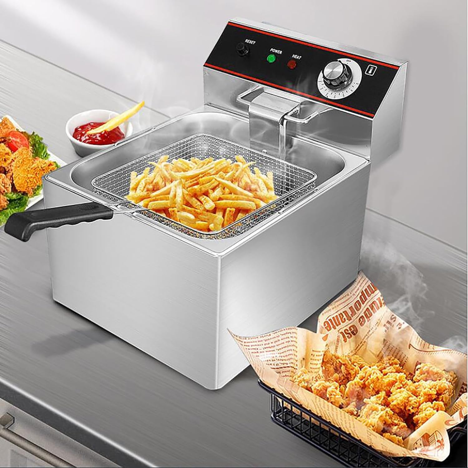 Friggitrice commerciale, friggitrice elettrica da 3000 W, friggitrice commerciale in acciaio inox da 6 litri con cestello per uso in cucina, ristorante, casa e cucina Friggitrice elettrica da banco