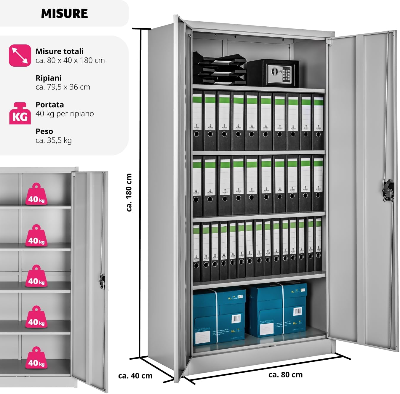 Diagram showing the dimensions of the TecTake office cabinet: 180 cm height, 80 cm width, 40 cm depth, and 40 kg shelf capacity.