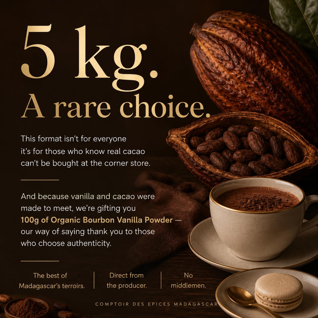 Masse de Cacao Cérémonial 5kg (10x500g) | 100% Pur | Direct Producteur | Notre Coopérative | + Vanille Bourbon BIO 100g Offerte | COMPTOIR DES EPICES MADAGASCAR
