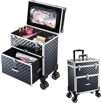 Professional Rolling Makeup Case with Drawer for Makeup Artists Cosmetic Train Case Large Storage Case for Nail Technicians Cosmetology Case with Detachable Bag for Hairstylist Black