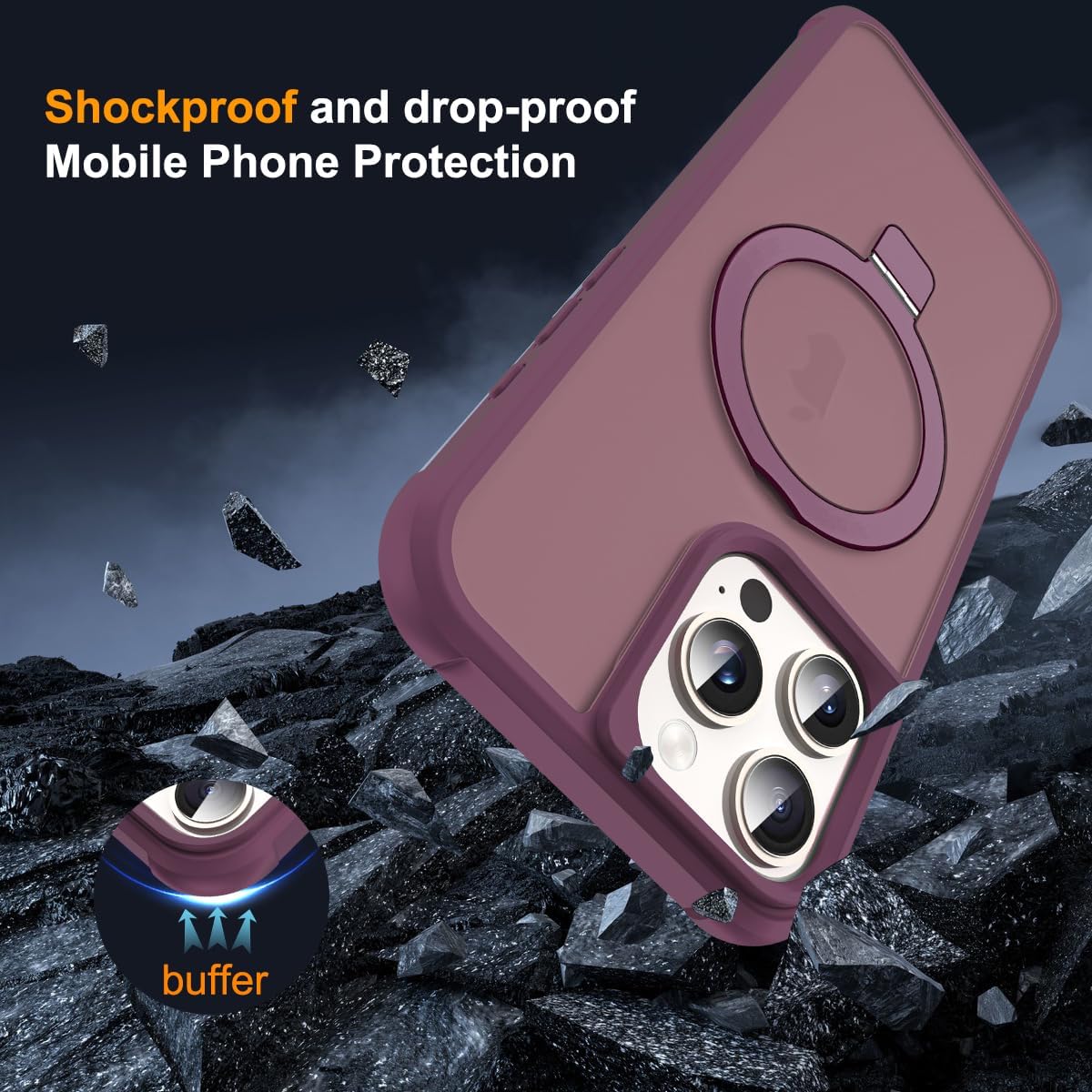 Compatible with iPhone 16 Pro Case with Invisible Magnetic O-Ring Stand Military-Grade Translucent Case for iPhone 16 Pro 6.3" [Compatible with Mag-Safe][Great Grip Feeling], Wine Red - Image 7