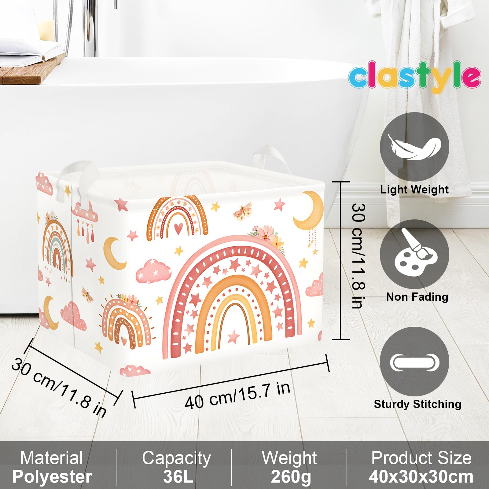 Panier Rangement Enfant Arc-en-ciel Clastyle – 40x30x30 Cm – Poignée, Revêtement PE – Pour Jouets, Linge Sale, Jouets