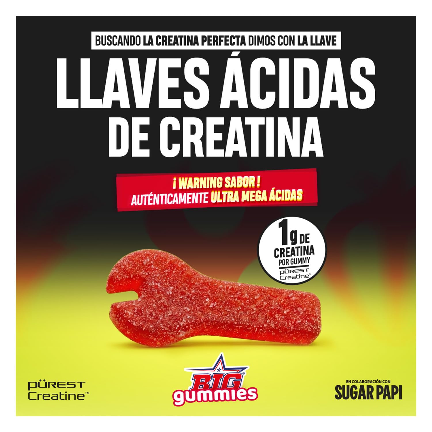BIG x SUGAR PAPI Gominolas de Creatina Monohidratada Llave Ácida para Rendimiento Físico y Fuerza Muscular, 90 Gominolas Sin Azúcar y Sin Gluten Edición Especial