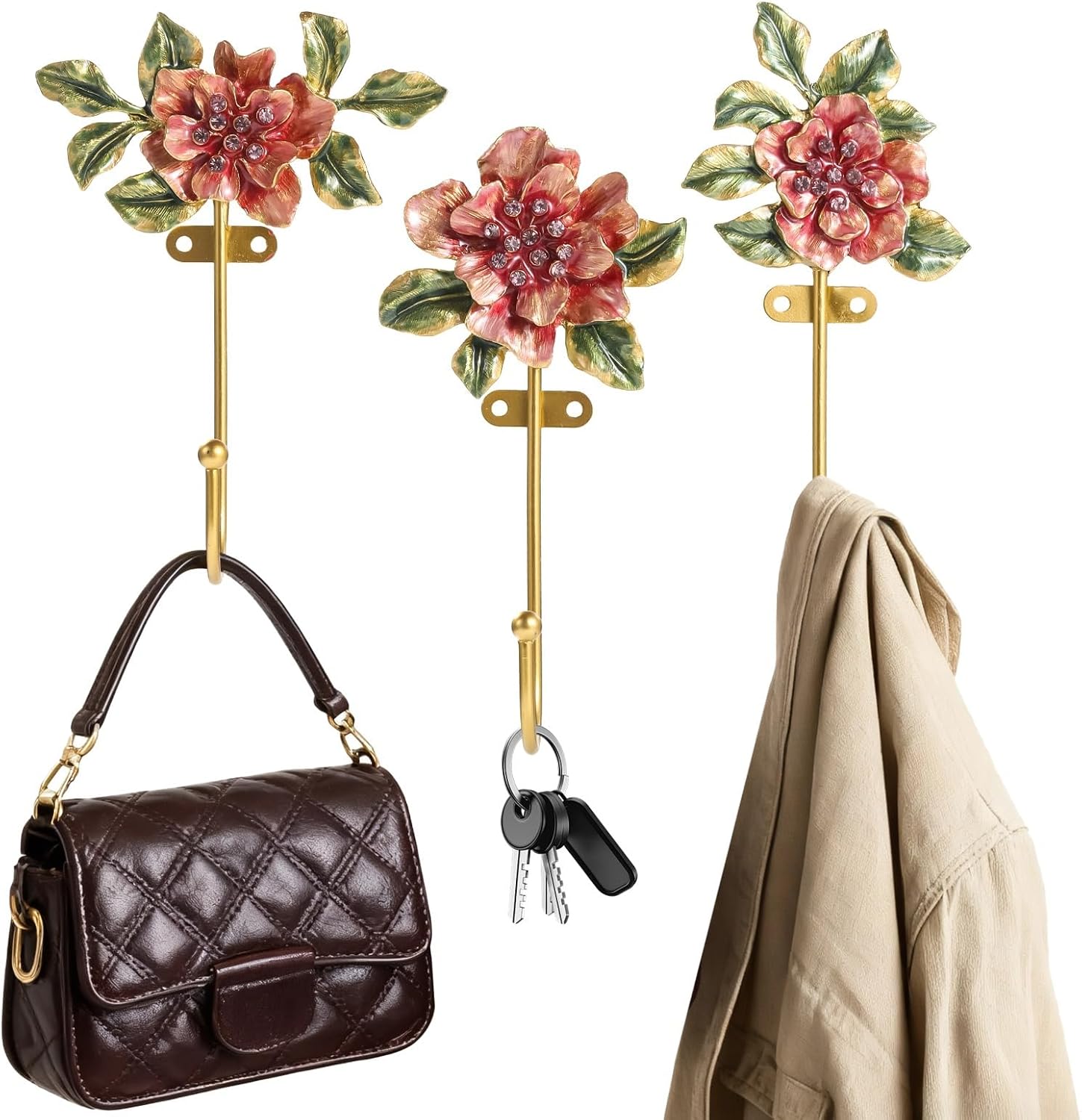 Crystal Studded Decorative Wall Hooks, 3 Pcs Vintage Flower Shaped Zinc Alloy Hanging Hooks Set for Coats, Keys, Hats, Towels