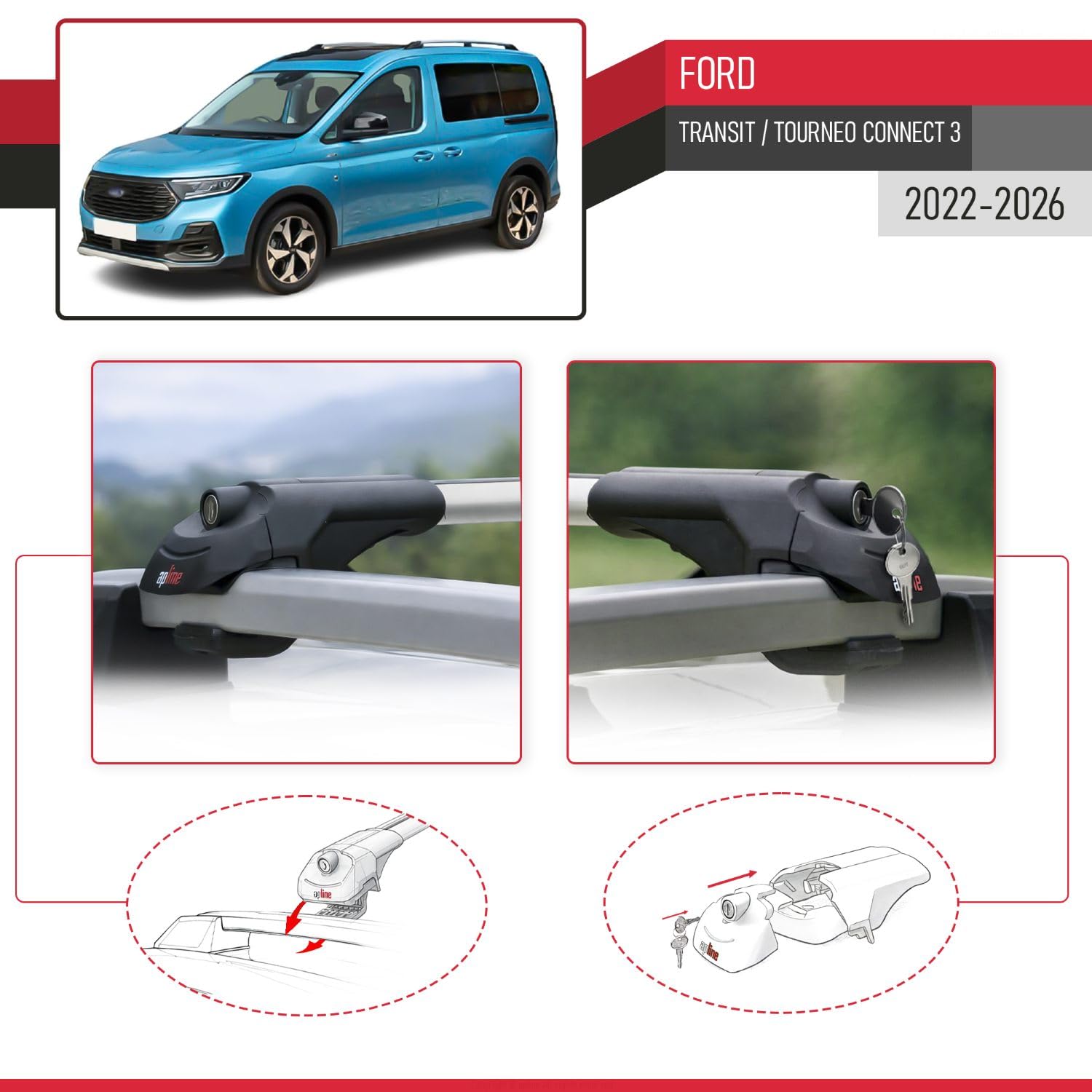 Kompatybilny z Compatible with Ford Transit/Tourneo Connect 3 2022-2026 ACE-1 Model Aluminiowy bagażnik dachowy 2 poprzeczki, szary