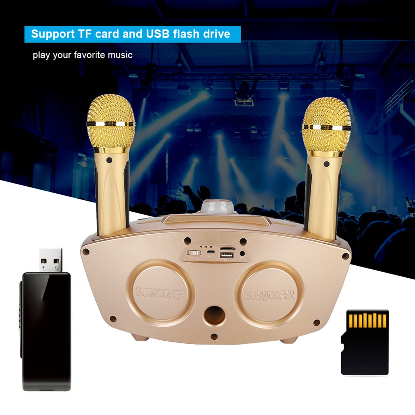 Urządzenie do Karaoke Dla Dorosłych I Dzieci Septpenta, Domowy Głośnik KTV Karaoke Bluetooth Z 2 Mikrofonami, Obsługa Kart Pamięci I Pamięci USB, Na Imprezę Domową(Złoto)