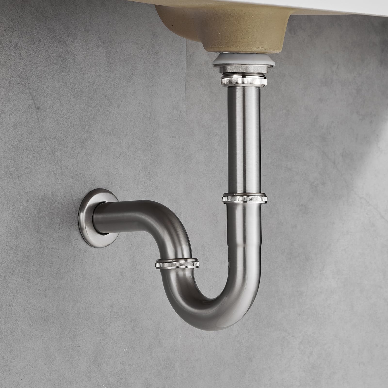 SET - Design Siphon mit Ablaufgarnitur ohne Überlauf KEOKBON Siphon 1 1/4" x 32 mm Pop Up Ventil für Waschbecken und Waschtisch, Edelstahl Röhrensiphon Geruchsverschluss Gebürstetes Nickel