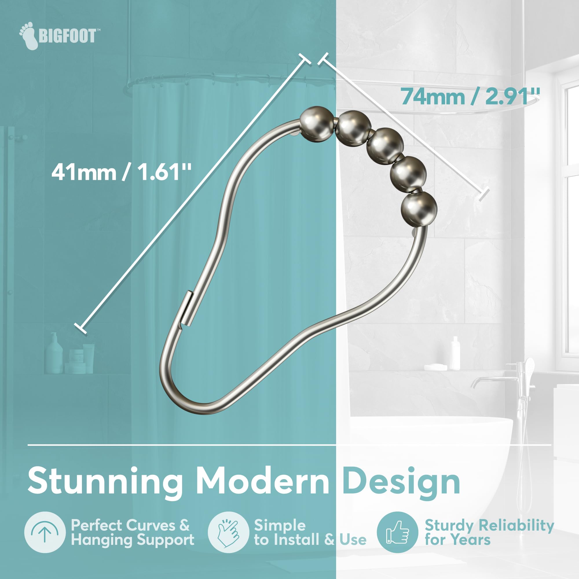 BigFoot Stainless Steel Shower Curtain Hooks - 12 Pack, Rust Resistant, Easy Glide, Fits Standard Rods Up To 72" - View #11