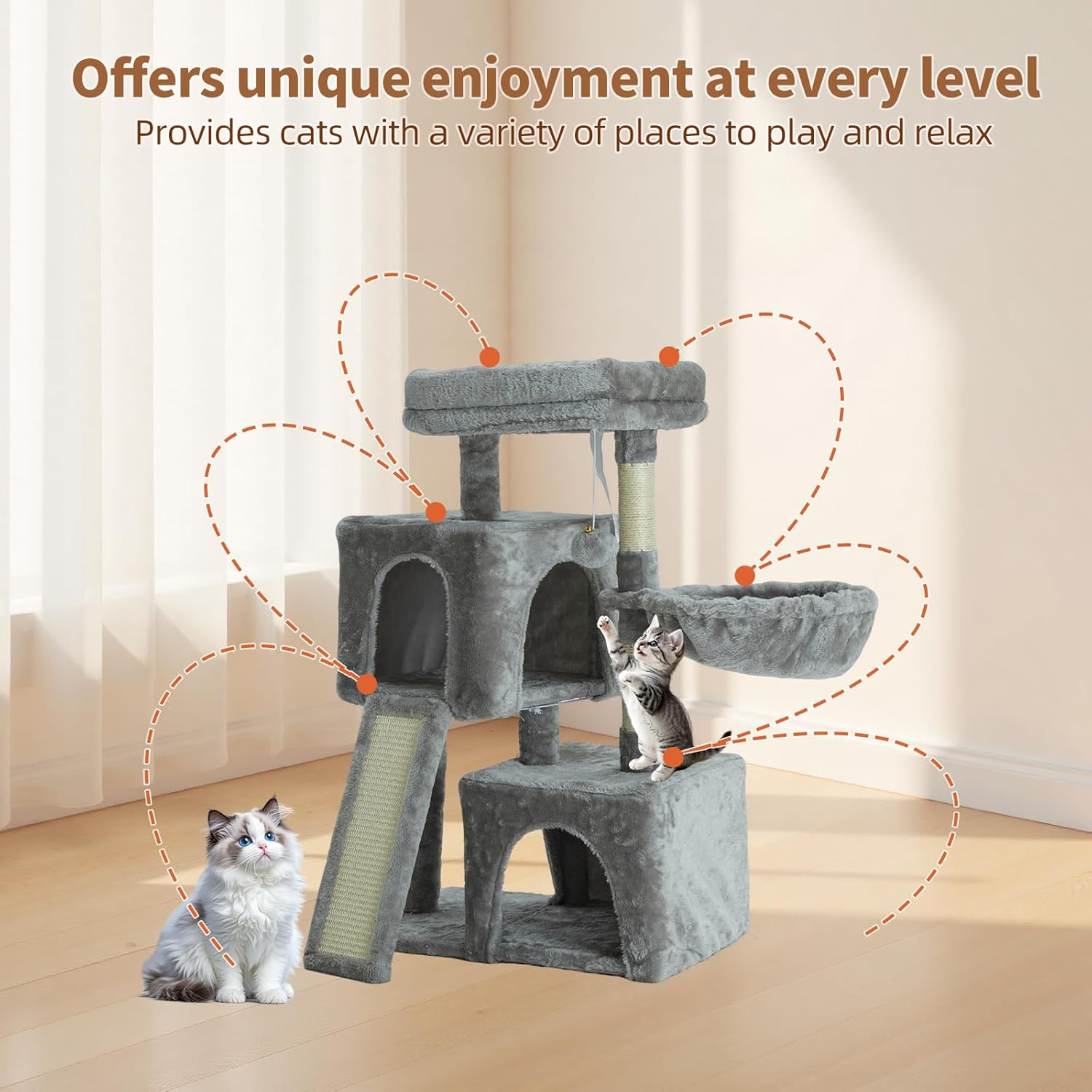 35.8-inch Cat Tree with Double Cat Beds & Hammock, Plush Perch Scratcher with Comfort Sleep Platform and Toy Ball for Indoor Cats (Grey)