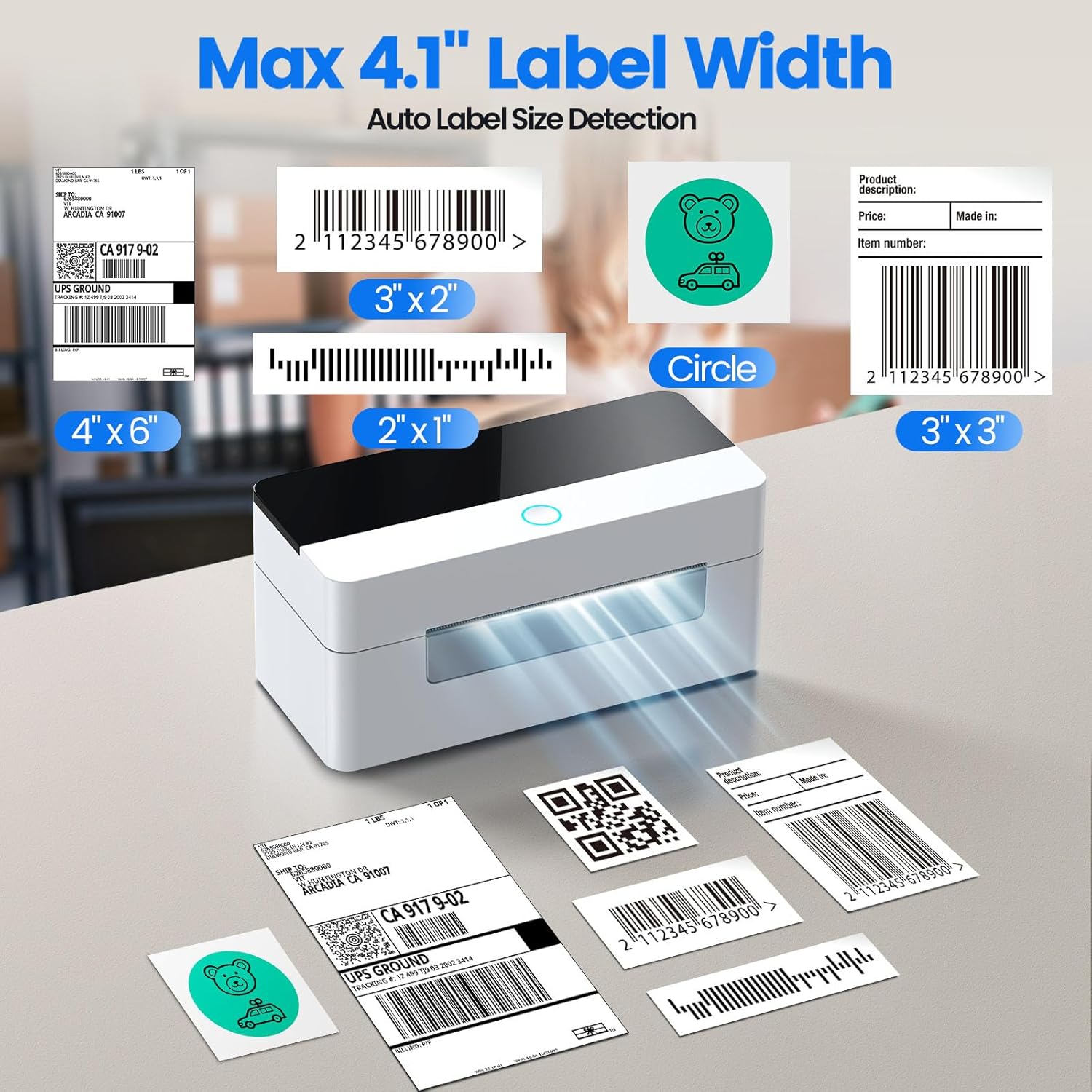 Various label sizes and shapes, including 4x6 shipping labels, 3x2, 2x1, and circular labels, demonstrating the printer's versatility.