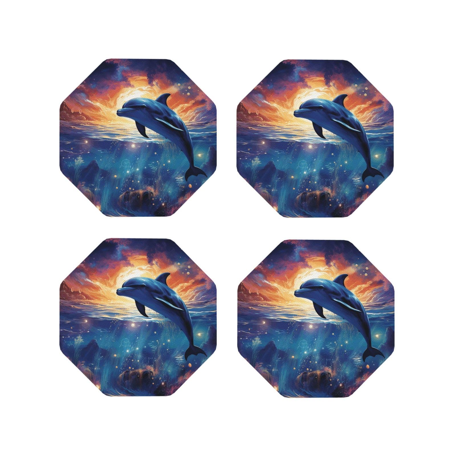 4pcs Drink Coasters for Tabletop Protection, 4" Leather Coasters for Drinks, Colorful Starry Sky Ocean Dolphin Cup Coasters for Coffee Table Decor, Non-Slip Drinking Cup Mat for Hot Or Cold Drink