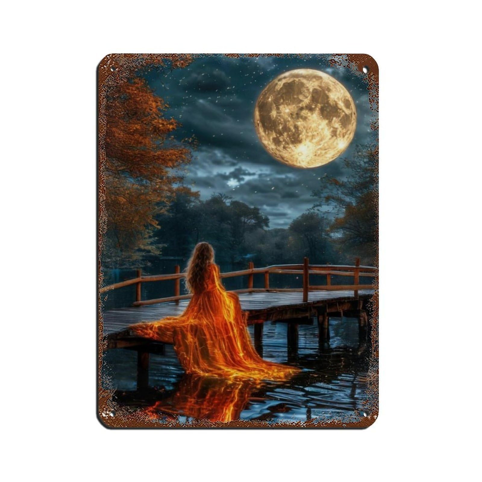 Moonlit Reflection,Woman in Fiery Dress Retro Poster Metal Tin Sign Chic Art Retro Iron Painting Bar People Cave Cafe Family Garage Poster Wall Decoration 12x16inch(30x40cm)