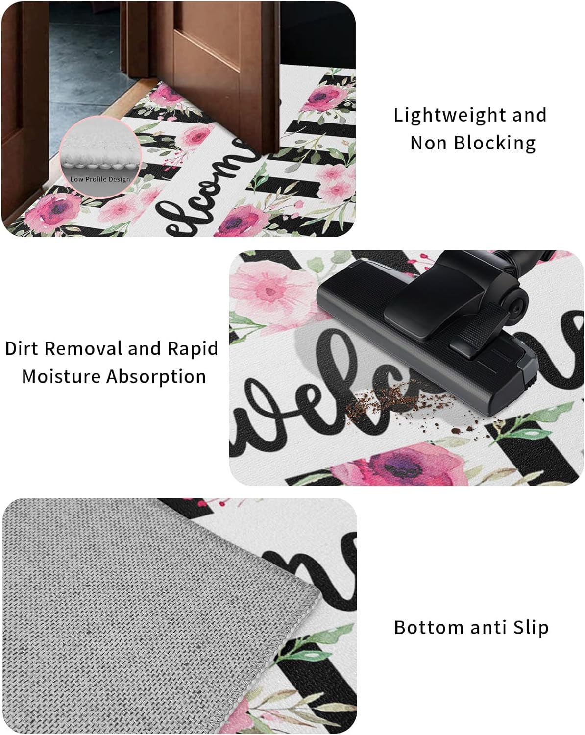 Front Door Mat, Non - Slip Absorbent Door Entry Mats, Doormats Indoor/Outdoor Entrance Small Rugs, Spring Pink Floral Black Stripes Festive Wedding Welcome Doormat - Floor Mats for Home 24x36 Inch