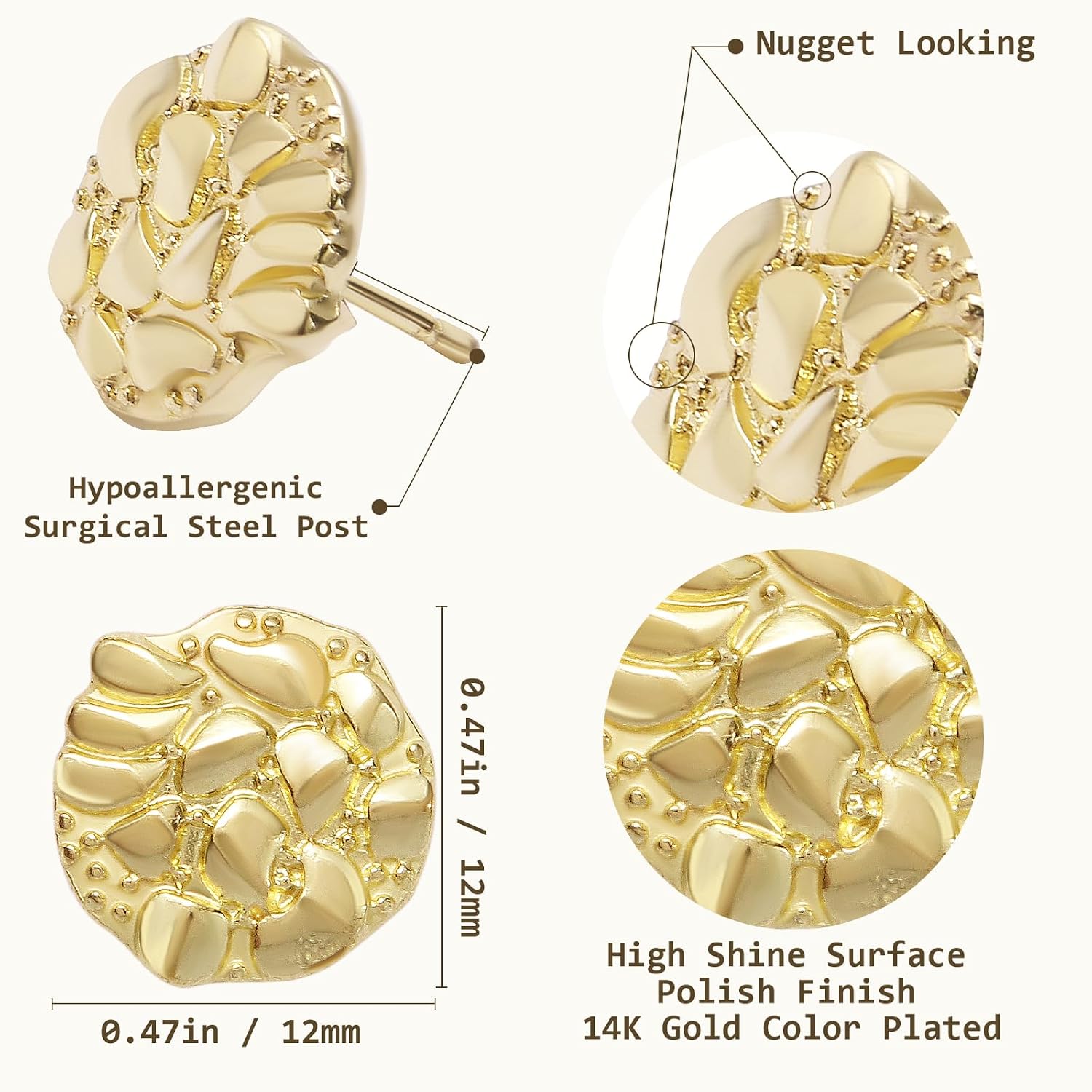 Gold Nugget Earrings for Men & Women, 18K Gold Plated Nugget Textured Stud Earrings, Classic Nugget Design Jewelry Gift, Unisex