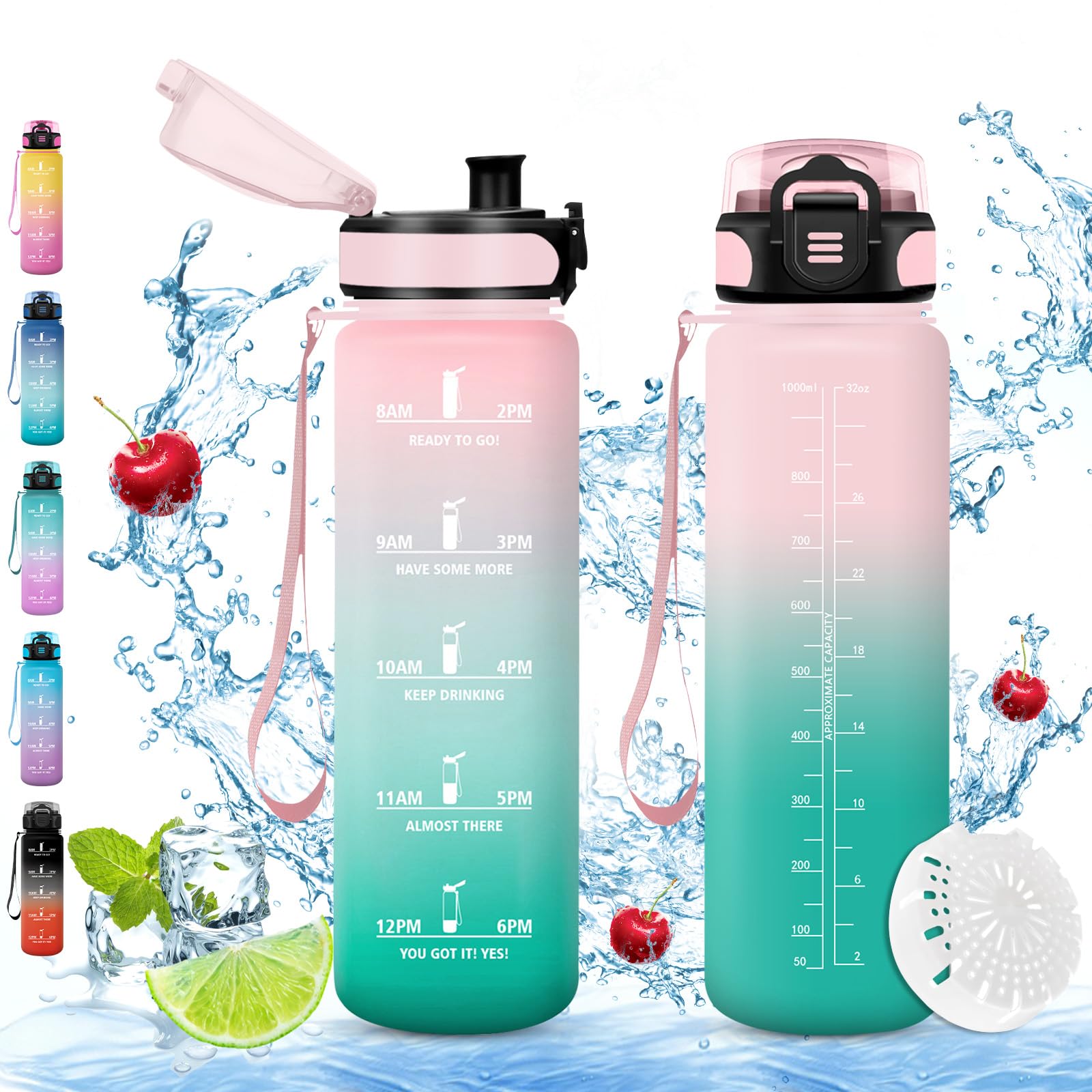 Vikaster Sports Water Bottle, 1 Litre BPA-Free, Cycling, Fitness, Outdoor, Modern, Pink+Cyan, Plastic, 1 Litre