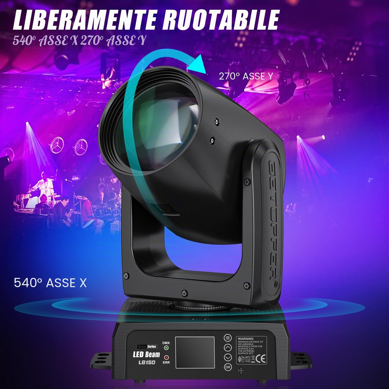BETOPPER 150W Teste Mobile Luci Discoteca LED RGBW Beam 12 GOBO 12 Colori 1 Prisma DMX Controllo Sonoro Luci Sceniche per DJ, Festa, Bar, Matrimonio, Illuminazione da Palco, 1 Pezzo