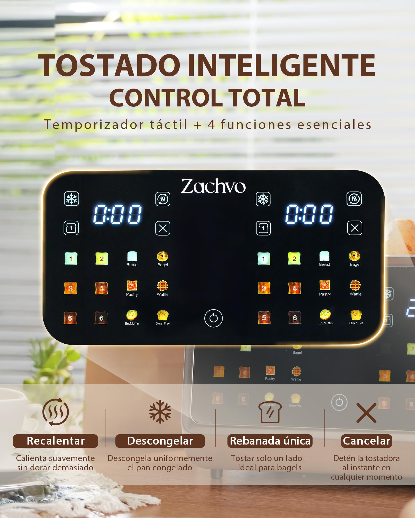Tostadora de 4 rebanadas con pantalla táctil y cuenta regresiva – tostador largo de acero inoxidable con 2 zonas de temperatura independientes, ranuras extra anchas de 3,7 cm, 6 programas