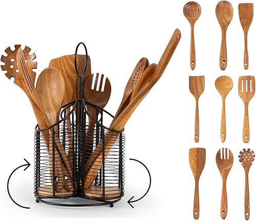 Soporte giratorio para utensilios de cocina de 360, organizador de 3 compartimentos con fondo de corcho, incluye juego de utensilios de madera de