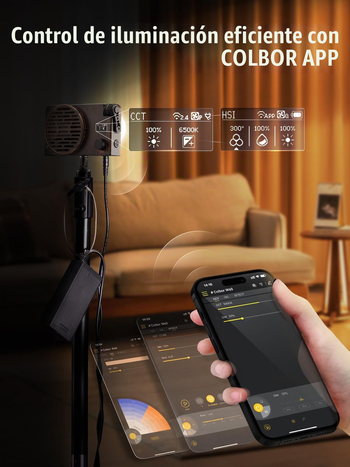 Luz Video, COLBOR Wonder W60 60W Foco Video Portátil 345g Iluminación Continua DC/Tipo C con App para Filmación Entrevistas Transmisión Compatible con Zhiyun, Luz-Video-Foco-LED-Fotografia