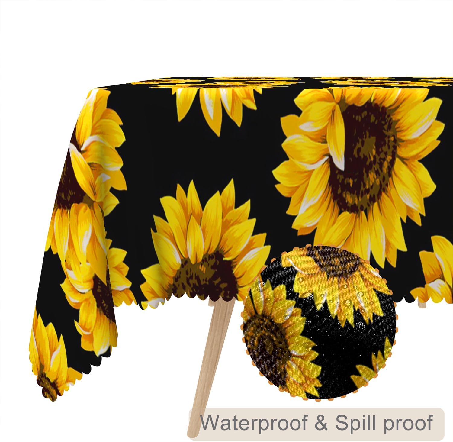 60x102inches Sunflower Tablecloth Yellow Flowers Black Polyester Fabric Table Cloth Waterproof and Wrinkle Free Rectangle Table Cover for Kitchen Dining Room Autumn Harvest Party Decorations