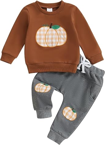 Baby Boy Halloween Outfit Pumpkin Embroidery Sweatshirt Top Jogger Pant Set