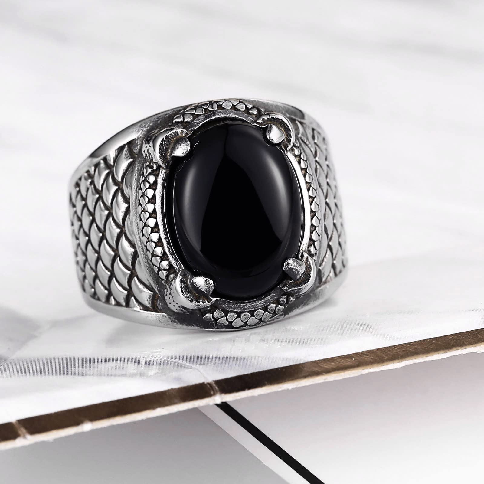 Anello Fidanzamento Acciaio Anelli Uomo Donna Anello Artiglio del Drago con Pietra Ovale Nera Anelli Uomo Argento Taglia 15 to 25