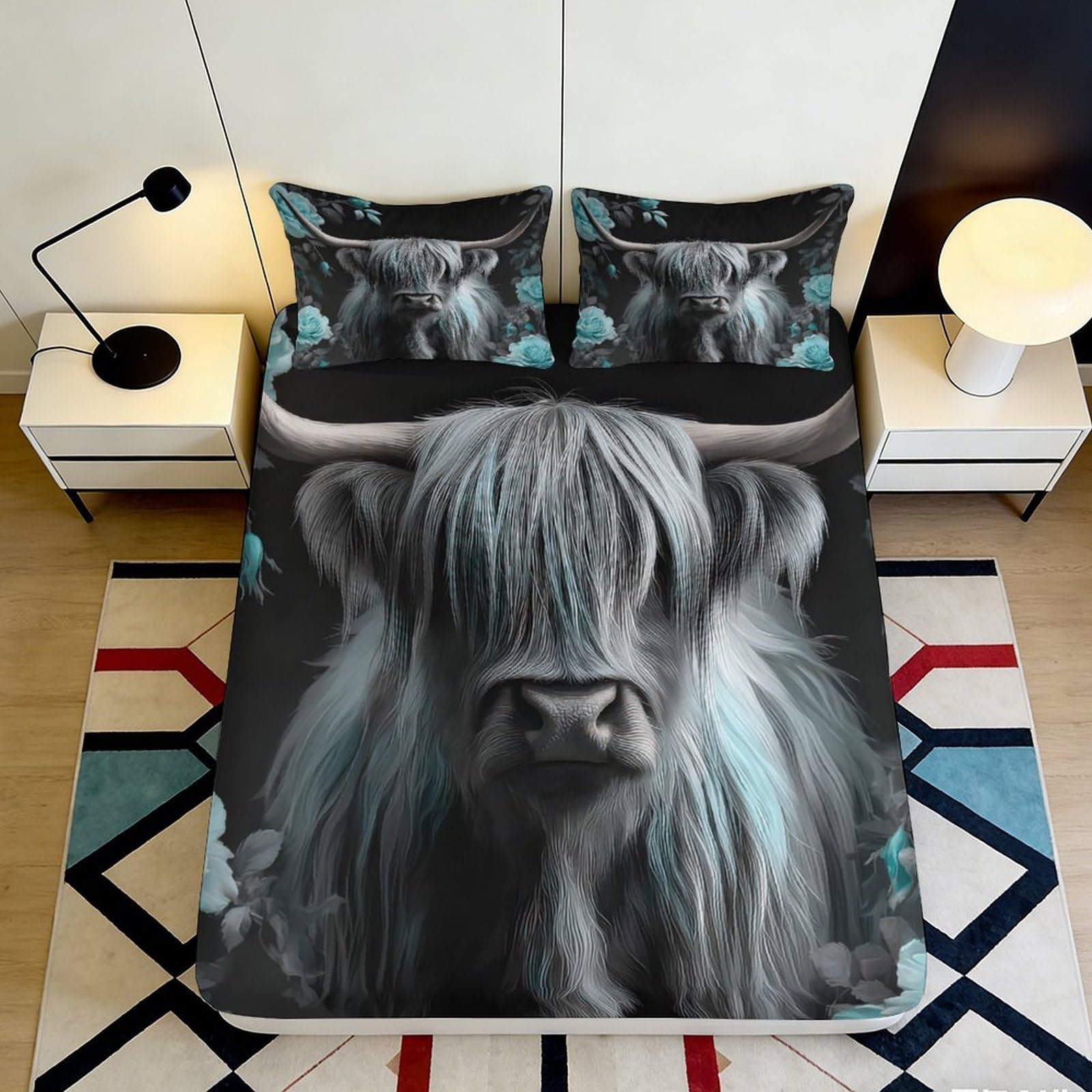 Pnayamiorkfel Style-8 3D Printed Highland Cow Fitted Sheet Microfiber Soft Black Animal Art Bed Cover For Bedroom Dorm Mattress Protection 90X200x25cm