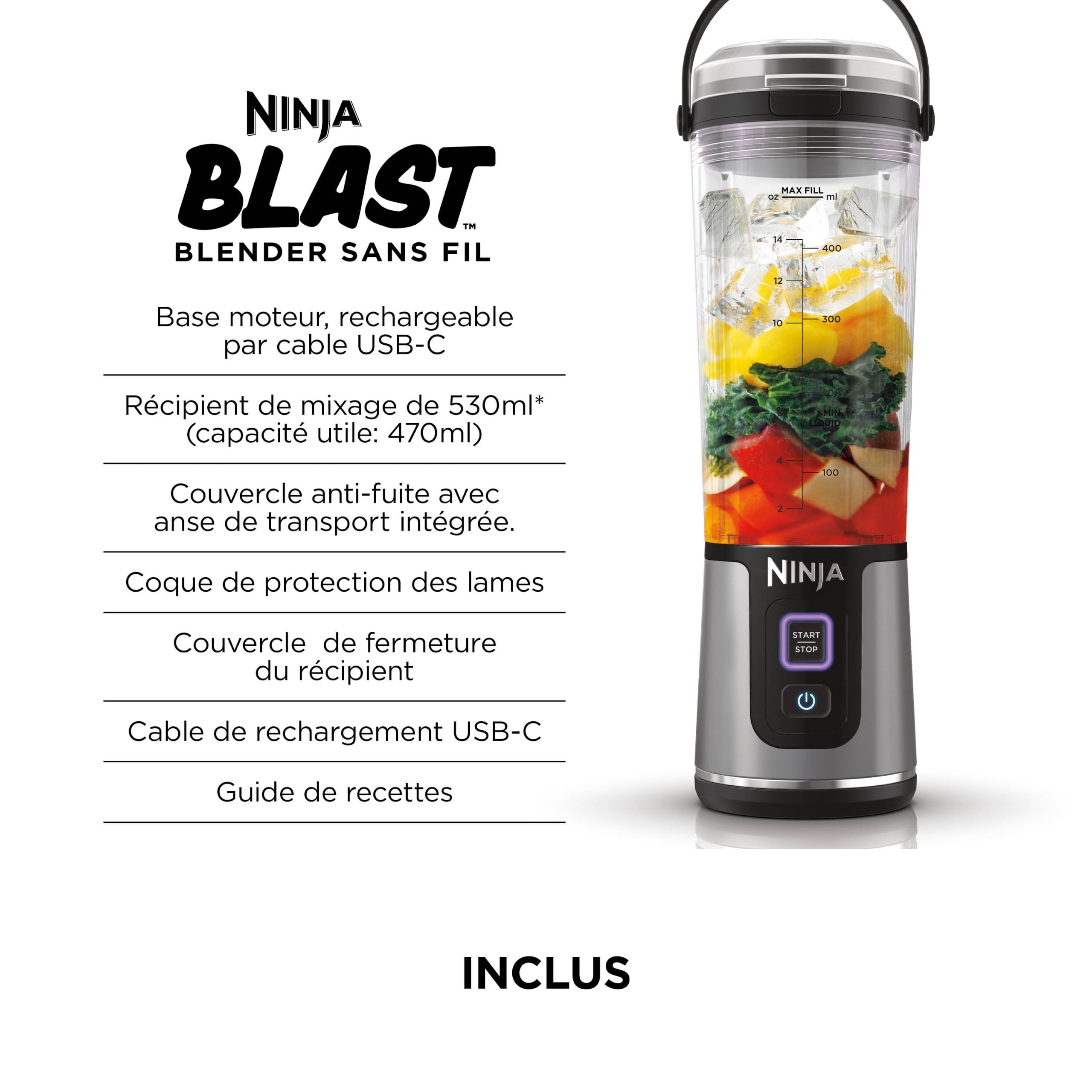 Ninja Blast Blender portable, 530 ml, couvercle résistant aux fuites et bec verseur, mini blender sans fil puissant, rechargeable, smoothies, shakes protéinés, mixe fruits et glaçons, noir, BC151EUBK | couvercle résistant aux fuites et bec verseur, mini b