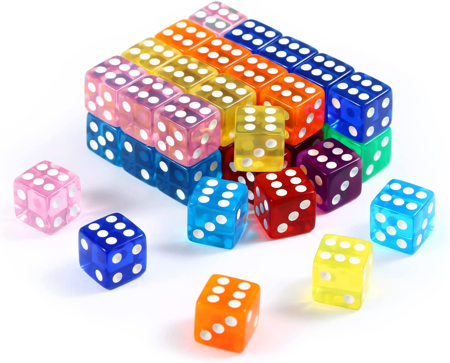 Yinsun 40 Pieces 16mm Colored Dice Set，6 Sided Bulk Dice for Board Game, Teaching Math - Square Dice, 8 Translucent Colors