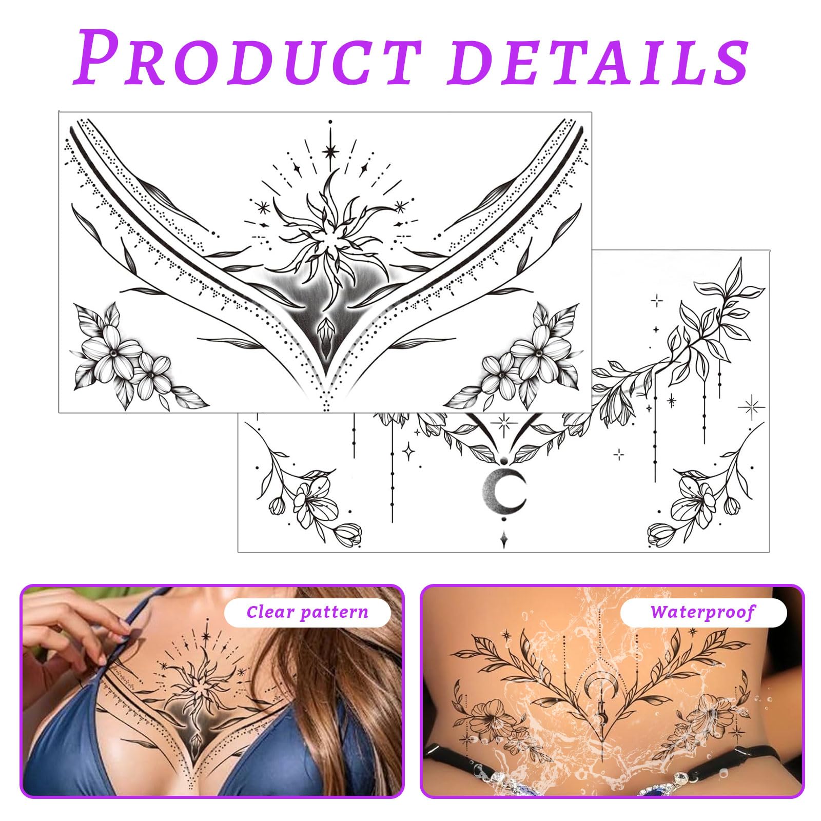 VelvetGlow 6 Sheets Large Black Flower Chest Underboob Temporary Tattoos For Women and Waist Back Fake Tattoos for Girl Adults Realistic Mandala Flower Branch Tattoo Stickers Body Art - Image 3