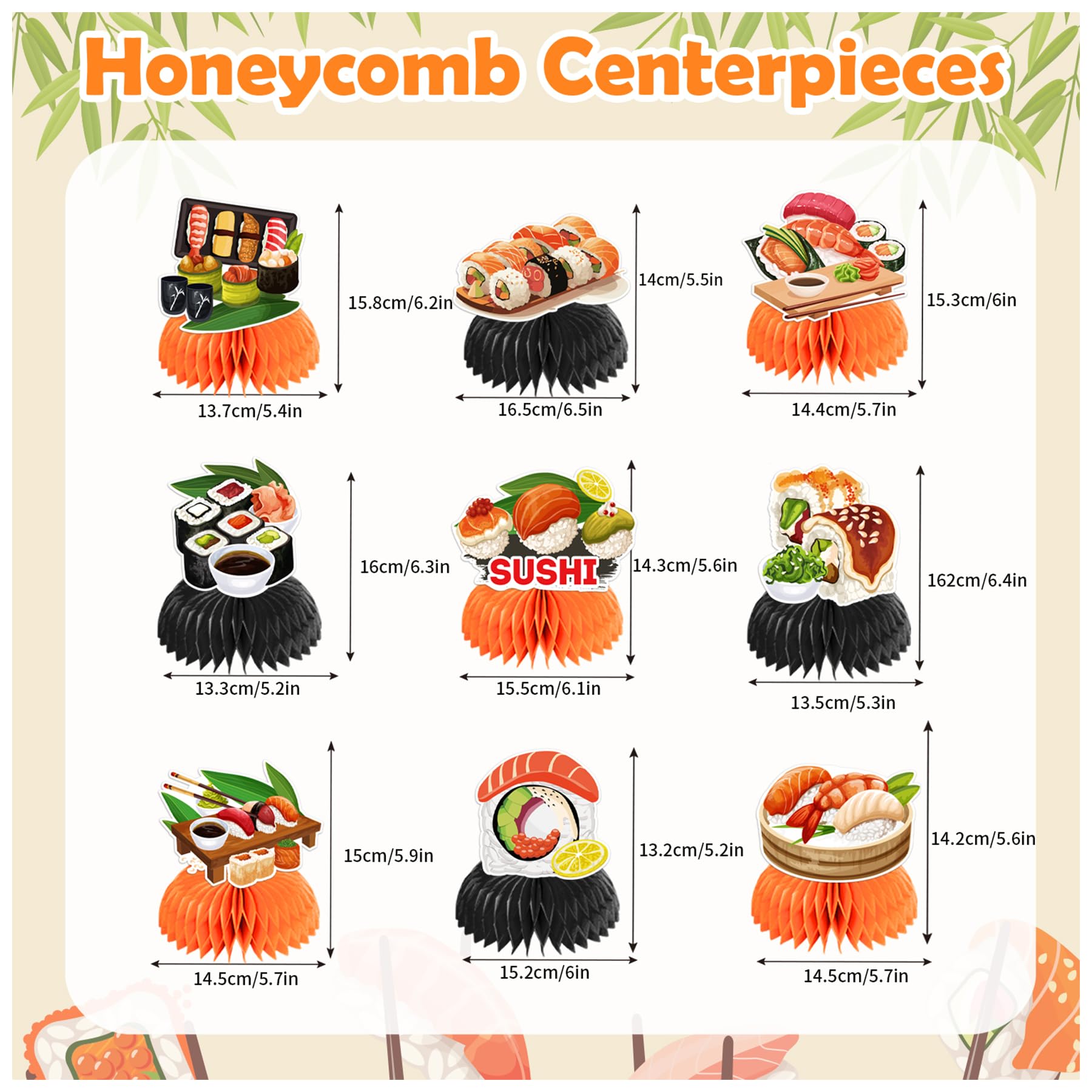 9 centros de mesa de panal de sushi para decoración de mesa, decoraciones de mesa de sushi para comida japonesa, decoraciones de fiesta de sushi, suministros de fiesta de cumpleaños de sushi 3