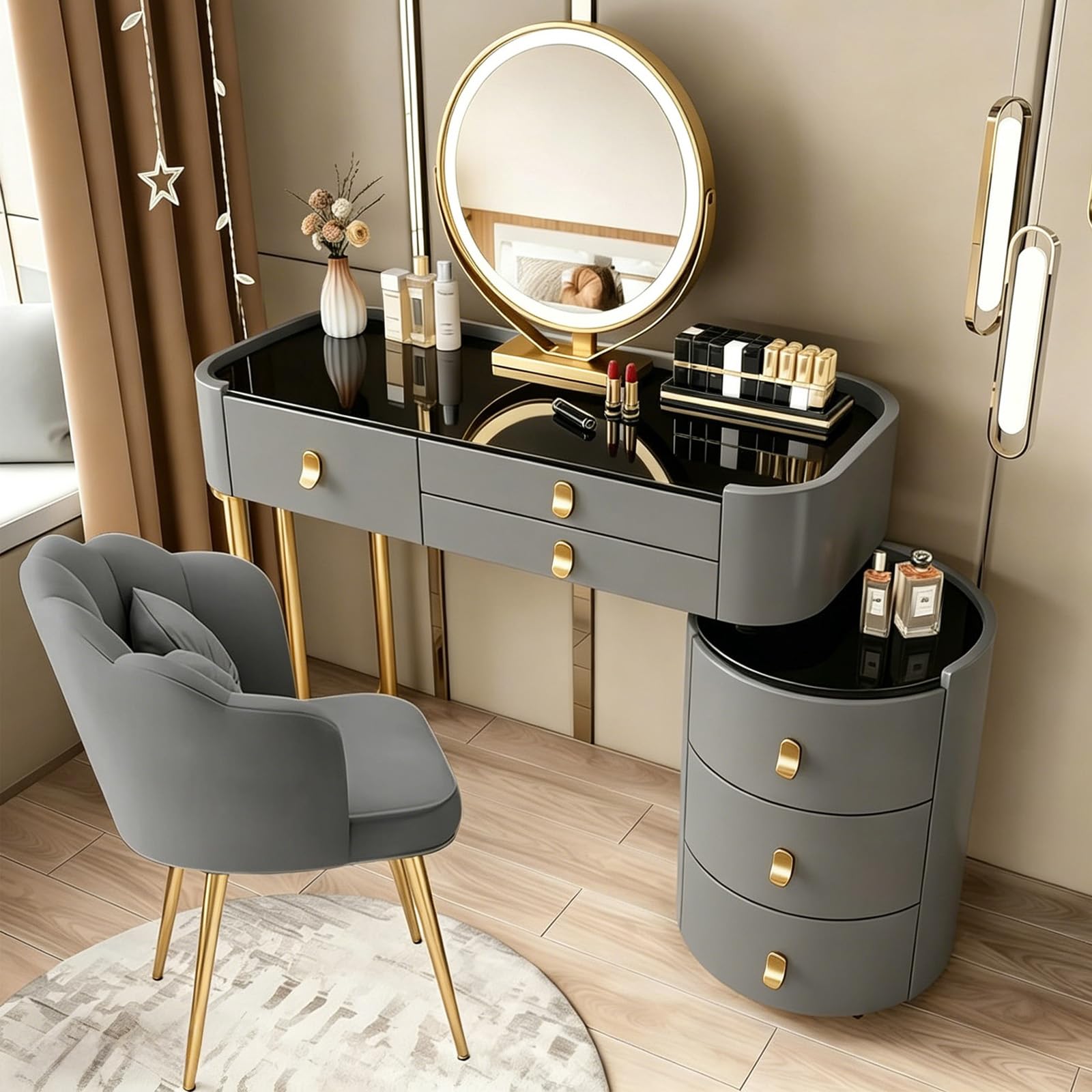 Schminktisch mit Spiegel und Stuhl, Luxuriöser Grau Frisiertisch mit Vergoldete Griffe, 100cm Kosmetiktisch mit 6 Schubladen & Seitenschrank für Schlafzimmer, PU-Leder