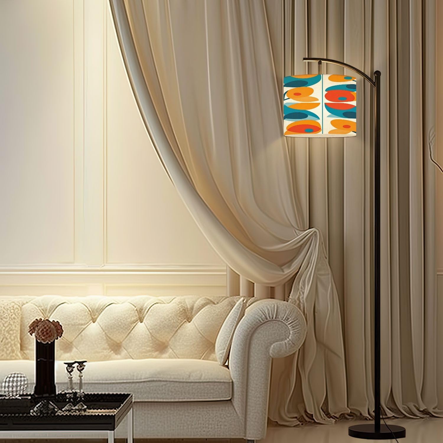 Arc Floor Lamp Orange blue yellow Mid century modern style abstract shapes circles Tall Standing Lamp Modern Dimmable with Remote Adjustable Drum Shade Footswitch for Living Room Bedroom Office