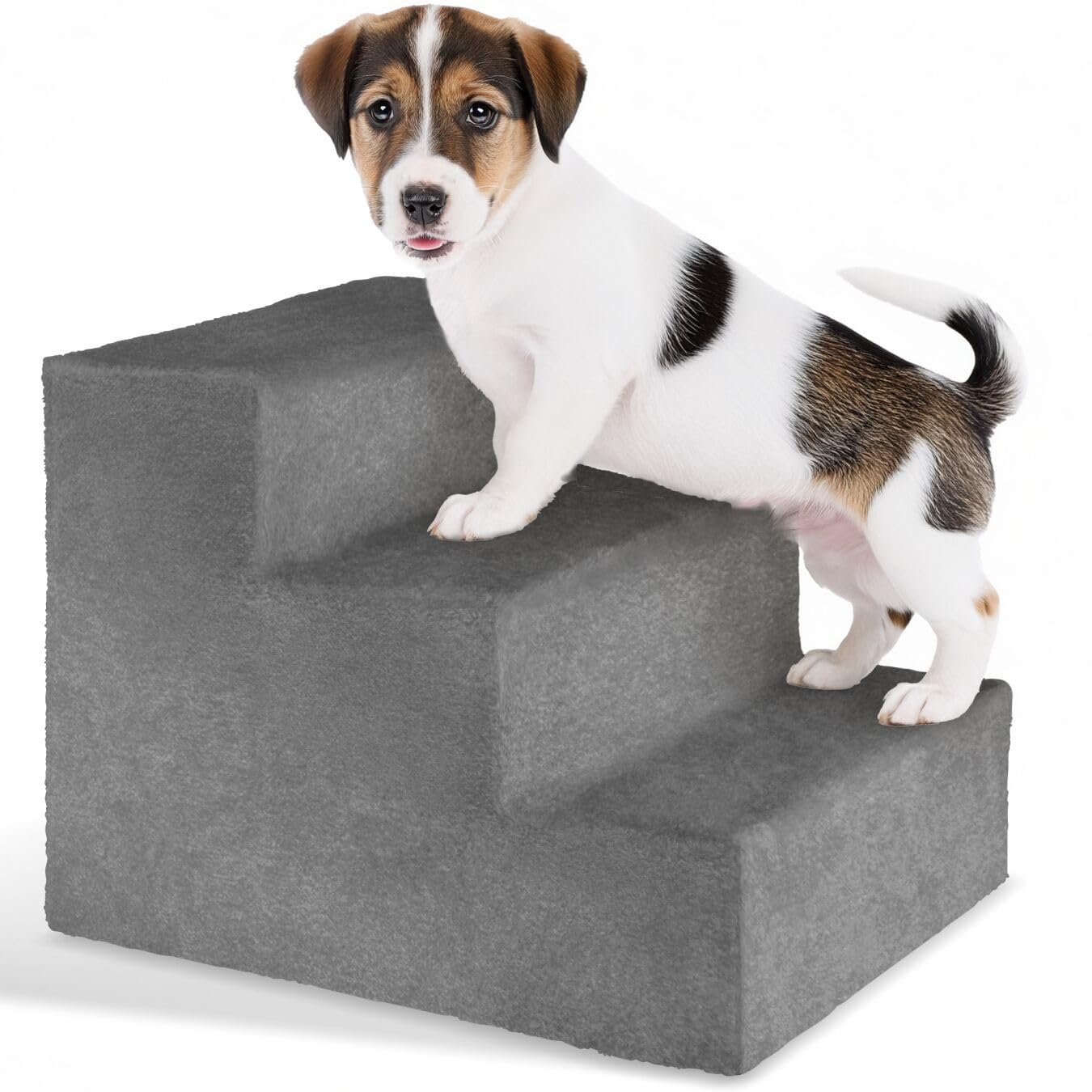 tectake® Scala per Animali Domestici, Altezza 34,5 cm, 3 Gradini, Stabile e Leggera, Rivestimento in Peluche Antiscivolo, Rampa Adatta a Cani e Gatti di Tutte le Taglie, Materiali Robusti - Grigio