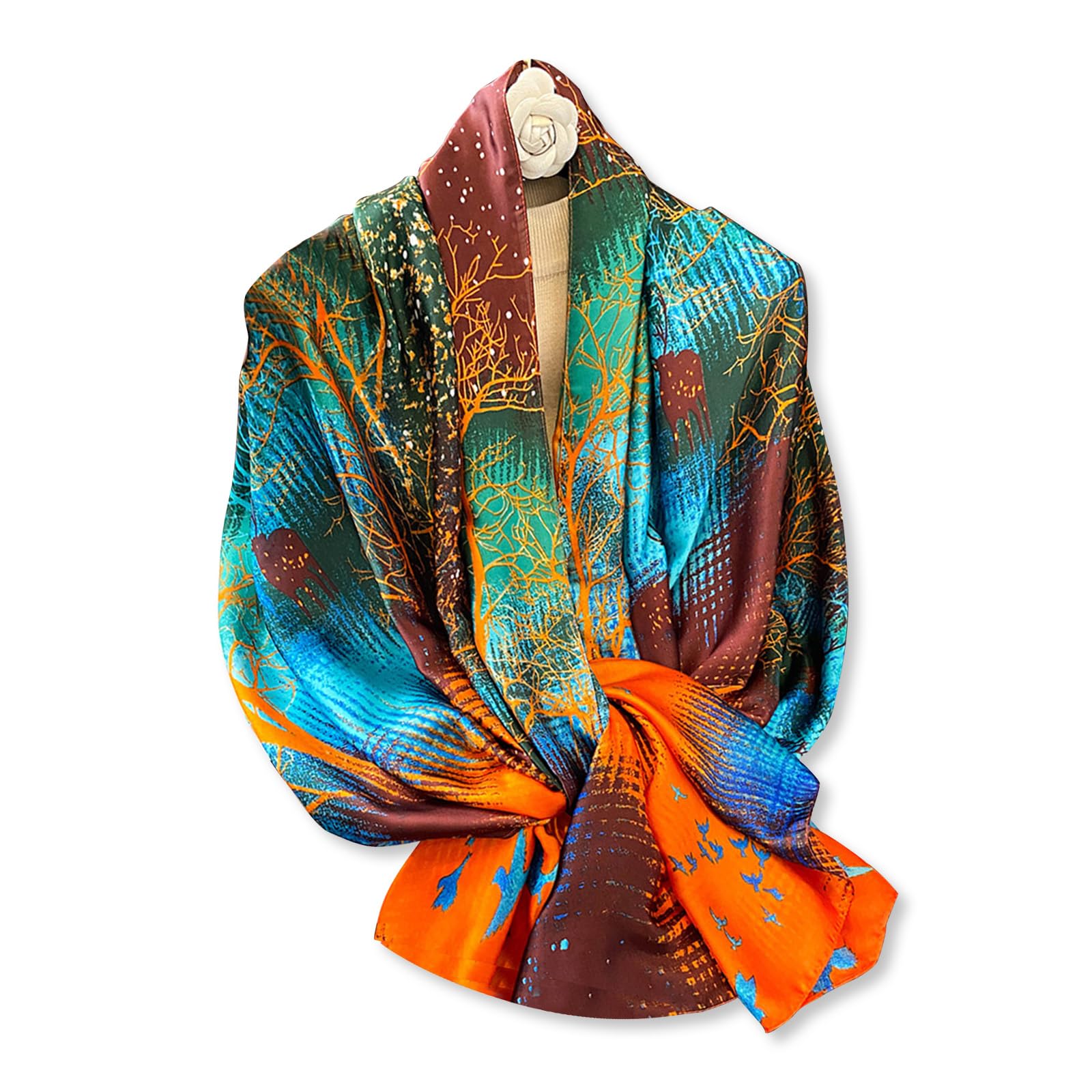 Foulard En Soie LumiSyne - Imprimé Peinture à L'Huile Fleuri - Écharpe Longue Femme Élégante