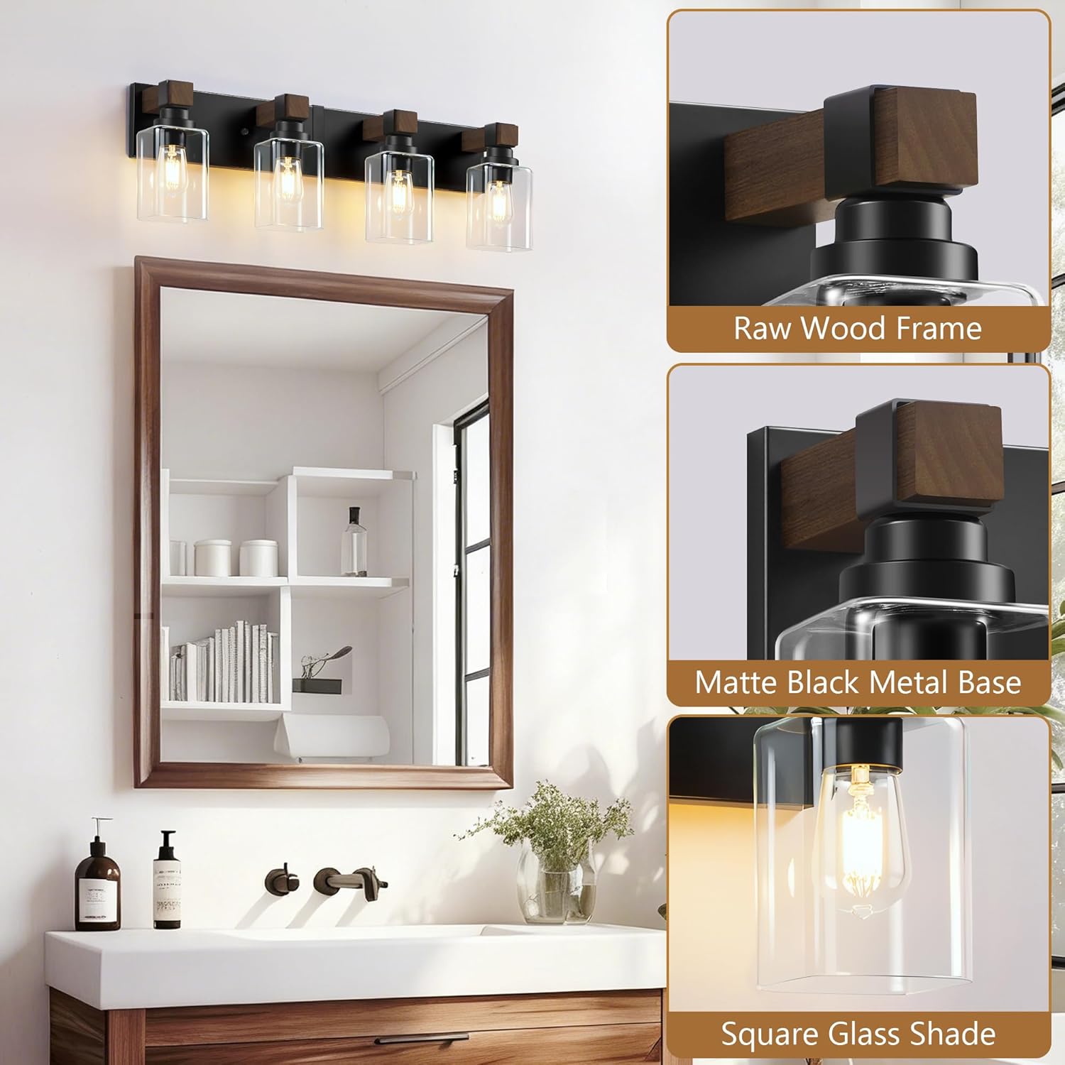 Farmhouse Bathroom Vanity Light, 4-Light Wood Bathroom Light Fixtures, Black Rustic Vanity Lights with Square Glass Shade, Vintage Lighting Fixtures Over Mirror for Bedroom Living Room Hallway