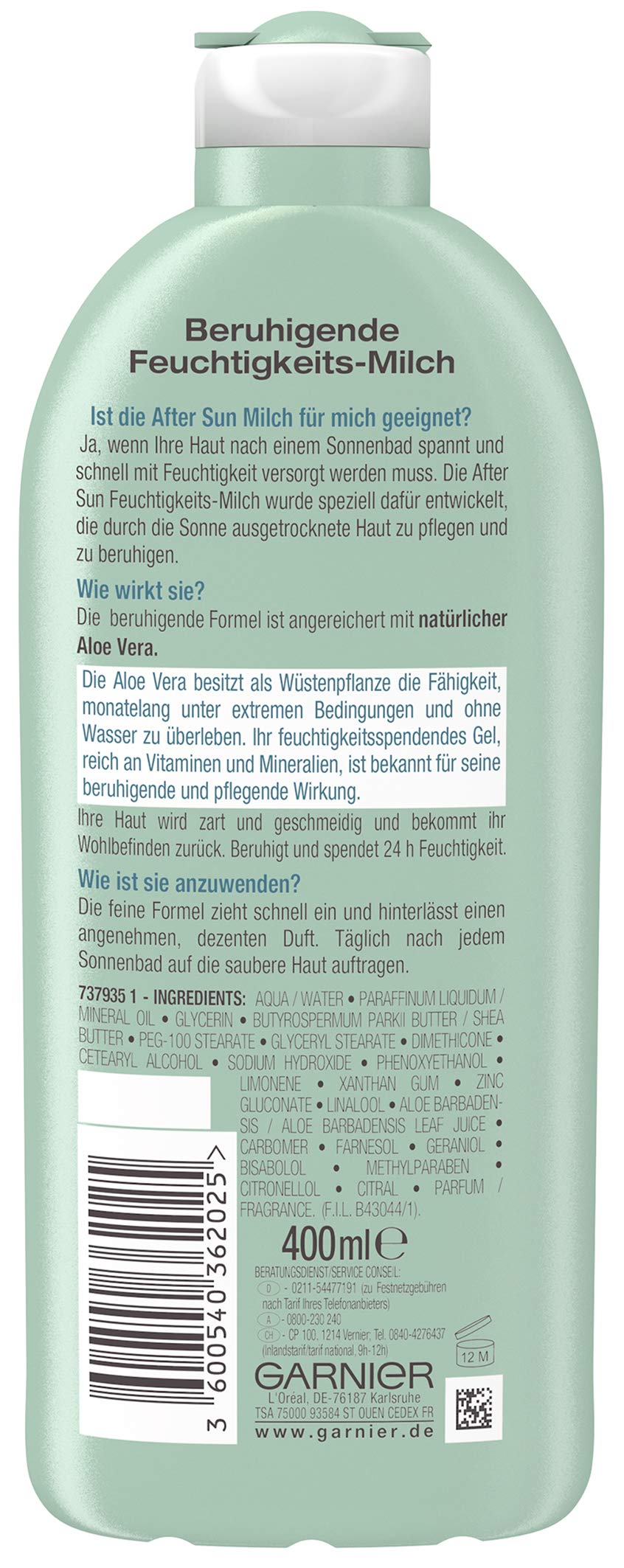 Garnier Ambre Solaire After Sun/beruhig Extremo Humedad de leche con natural Aloe Vera (24h Humedad – y dermatológicamente Probado) 1er Pack – 400 ml (Paquete de 2)