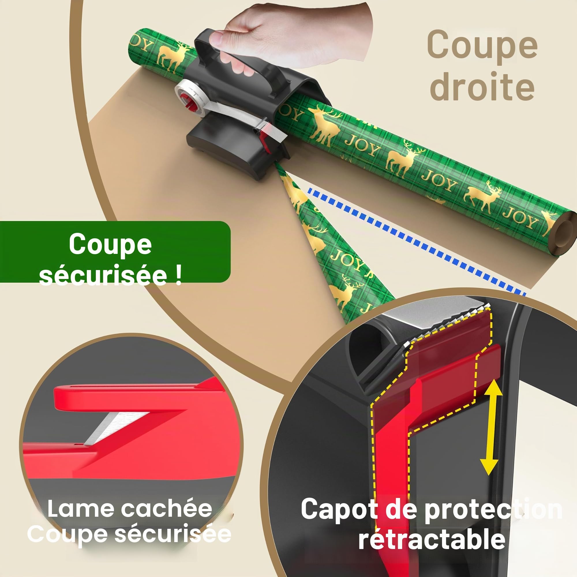 Coupe Papier Cadeau, Massicot Rouleau de Papier Cadeau de Noël avec roulettes, 2 Rouleau, 2 lames et 4 rubans adhésifs, Massicot Remplaçable, Pour le Papier Cadeau, Noël, Emballage Cadeau