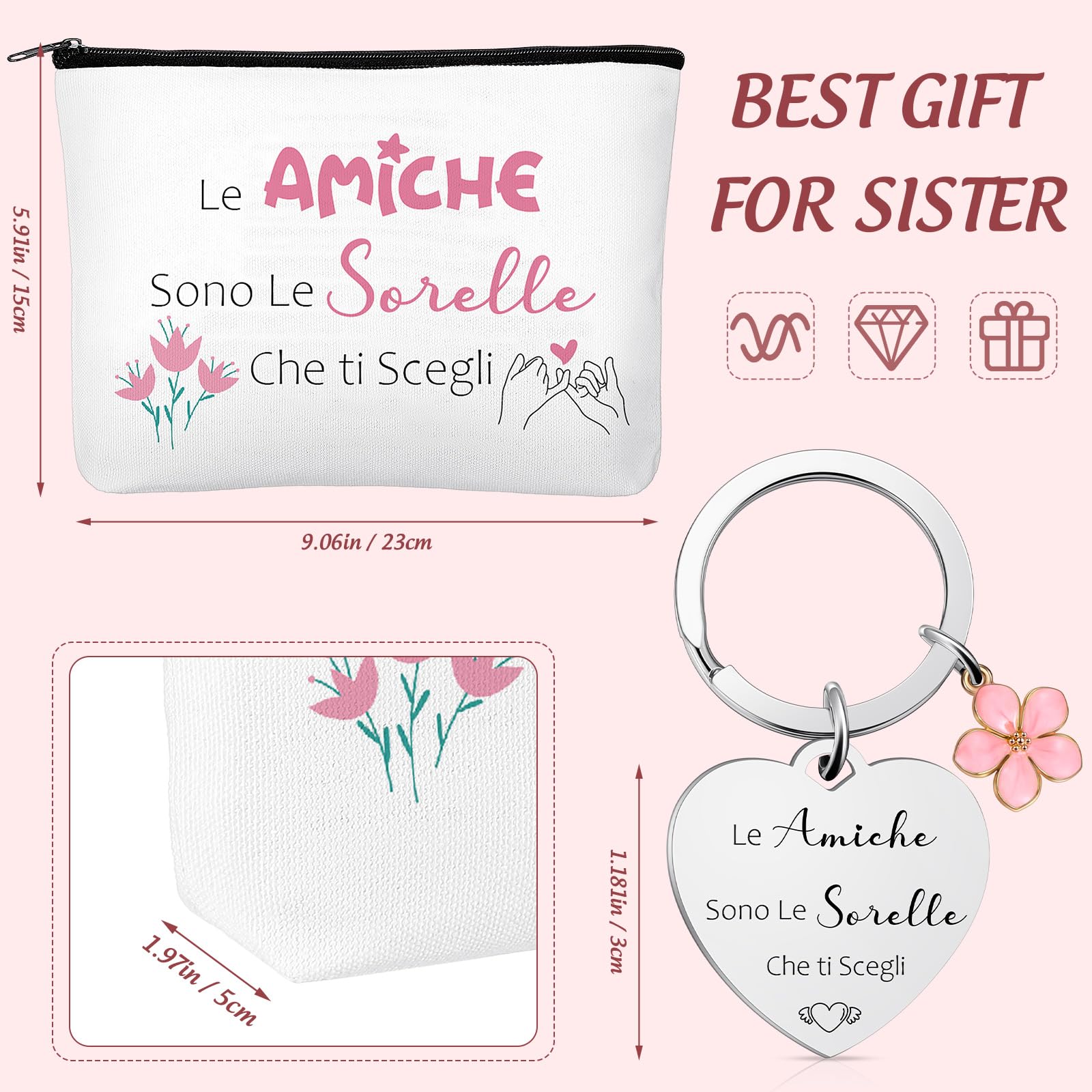 Weewooday Set Regalo per Migliore Amica e Sorella 1 Borsa per Cosmetici 1 Portachiavi dell'Amicizia con Ciondolo a Forma di Fiore Pochette per Trucchi Borsa Toilette Beauty Case per Compleanno
