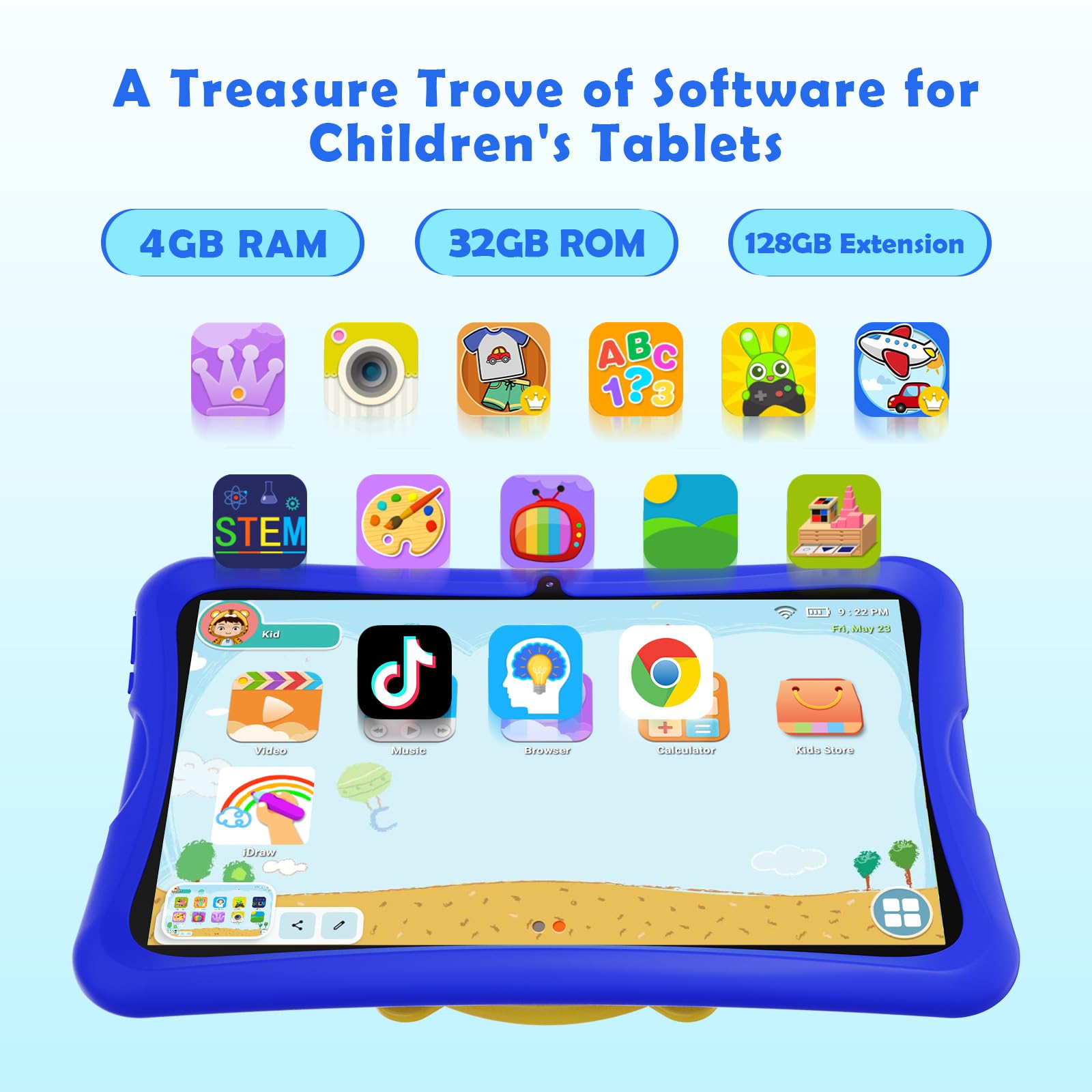 DigiLand Kids Tablet 10.1 inch,Android 15 Tablets,6GB RAM+32GB ROM (Expand to TF) Parental Control,Kids Software Pre-Installed,Dual Camera 2MP+5MP,Android Learning Tablet with Proof Case(Blue) - Image 4
