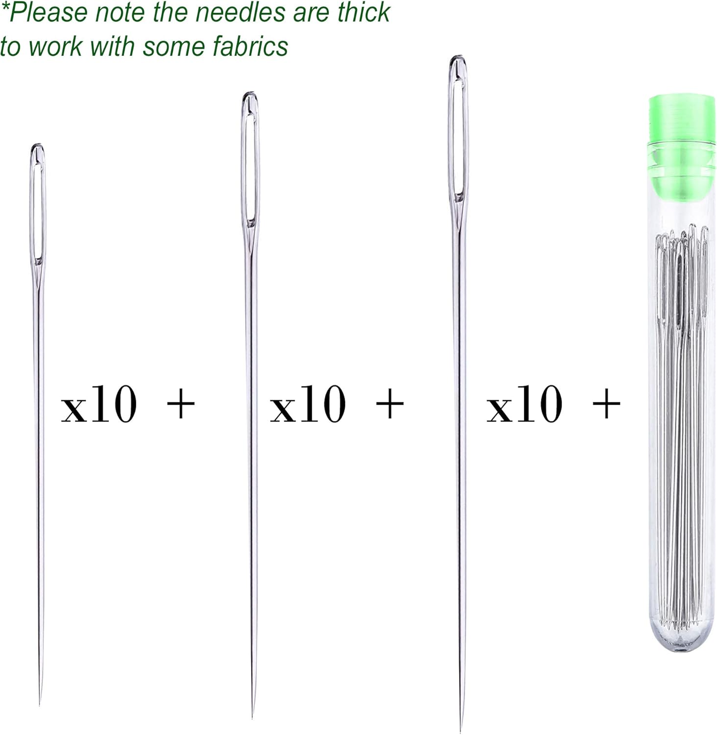 30 Large Eye Stitching Needles - 3 Sizes - Big Eye Hand Sewing Needles in Clear Storage Tube