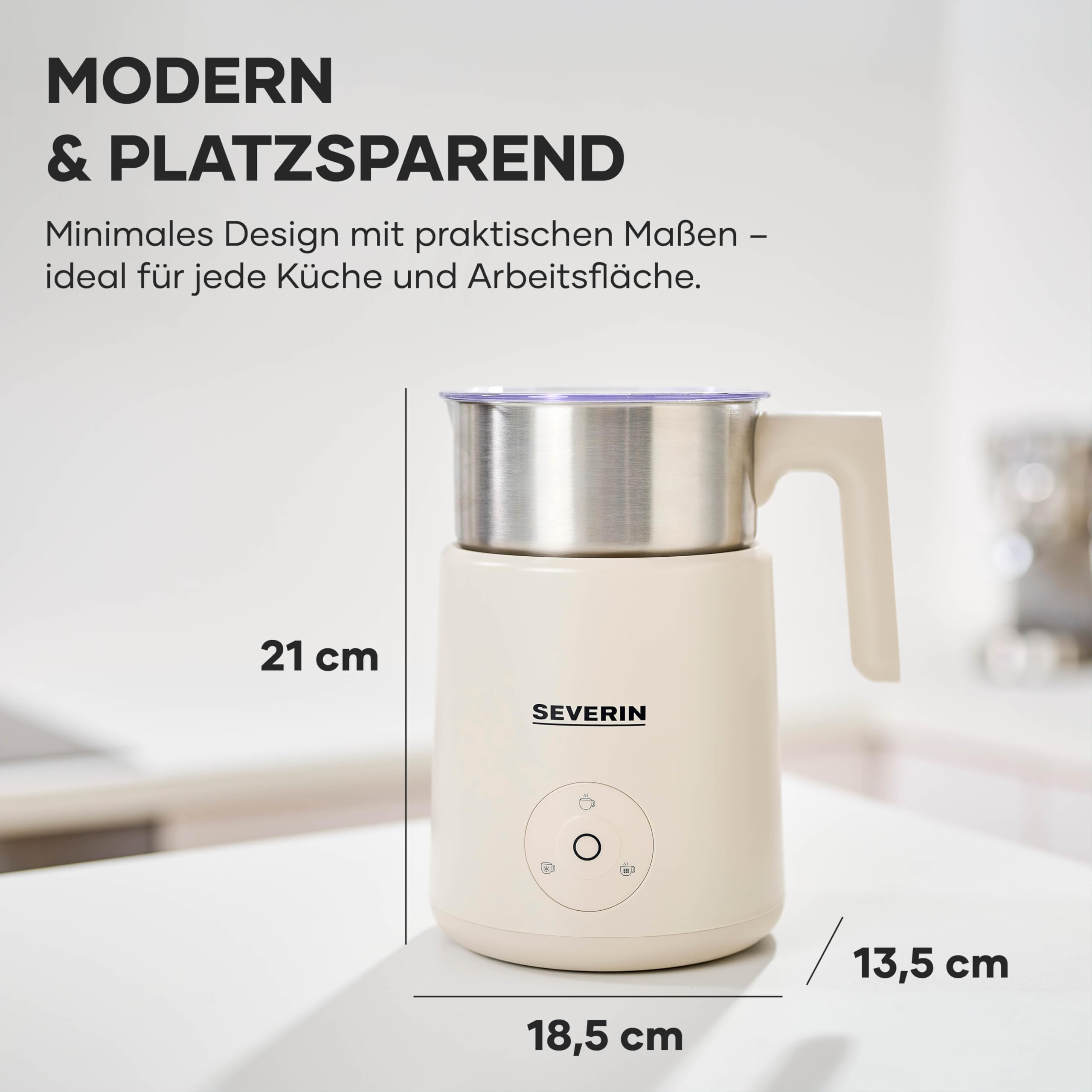 Severin Design Induktions-Milchaufschäumer, elektrischer Milchschäumer mit Edelstahlbehälter, kaltes und warmes Aufschäumen, Schokoladen-Funktion, geeignet für vegane Milch, Aesthetic, beige, SM 3589