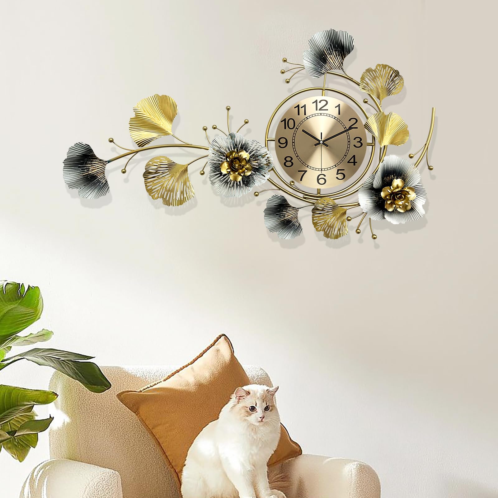 Orologi da parete per la decorazione del soggiorno, grande orologio da parete, silenzioso Relojes de Pared con quadrante girevole a 360°, orologio al quarzo da parete in metallo 3D con foglia di